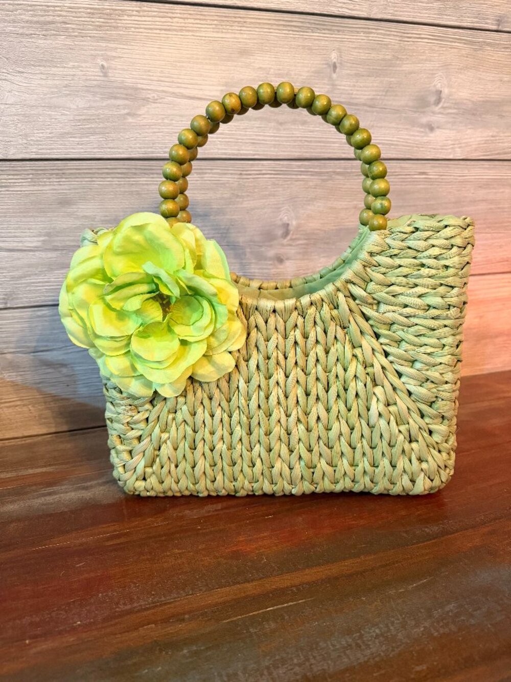 Alma Tonutti Handwoven Straw Bag Green Floral Beaded Handle Spring Easter Boho